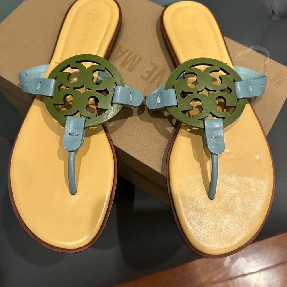 Tory Burch Blue and Green Thong Sandals with Medallion size 10